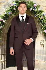Men'S Black And Burgundy ~ Wine ~ Maroon Color Slim Fit 1 Button Satin Peak Lapel Mini Teakweave Vested Tuxedo Burgundy Tuxedo