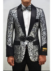 Men'S Silver ~ Black One Button Floral Pattern Blazer
