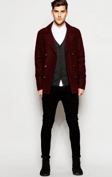Men'S Wool Burgundy ~ Wine Wool Coat ~ Car Coat ~ Men'S Peacoat