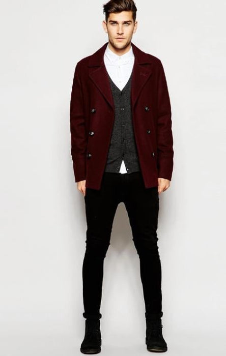Men'S Wool Burgundy ~ Wine Wool Coat ~ Car Coat ~ Men'S Peacoat