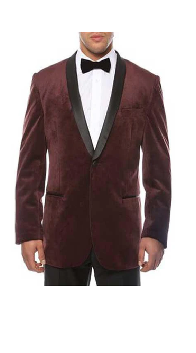 Men'S 1 Button Burgundy ~ Wine ~ Maroon Color Shawl Lapel Black Velvet Velour Men'S Blazer Jacket