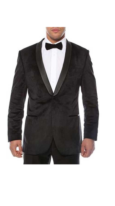 Men'S 1 Button Shawl Lapel Black Velvet Sheen Two Toned With Black Lapel Side Vented Black
