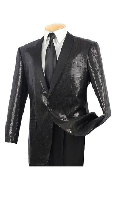 Men'S Sequin 1 Button Black Side Vents Classic Fit Dinner Jacket