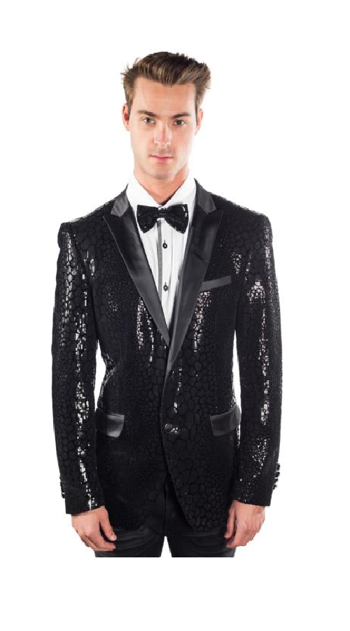Sequin Blazer Mens Black 2 Buttons Sequined Reptilian Print Blazer Matching Bow Tie