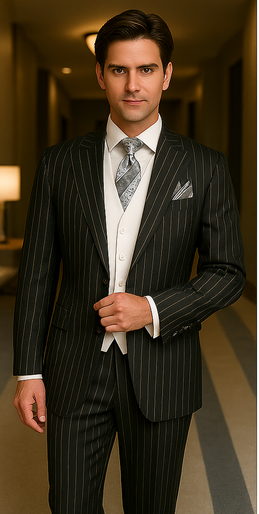 Men'S Black 2 Buttons Chalk Bold Stripe ~ Pinstripes Double Breasted Shawl Collar 1920'S 30'S Fashion Vintage Pattern No Vest Included Suit