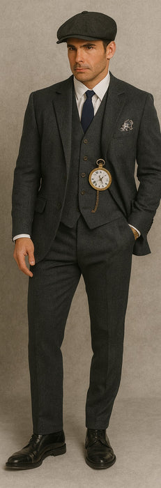 Men'S Gray Three Buttons Two Flap Front Pockets 3 Piece Peaky Blinders Suits - Peaky Blinders Outfit + Overcoat + Shirt And Hat + Boot (Like Pictured)