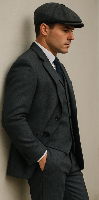 Men'S Gray Three Buttons Two Flap Front Pockets 3 Piece Peaky Blinders Suits - Peaky Blinders Outfit + Overcoat + Shirt And Hat + Boot (Like Pictured)
