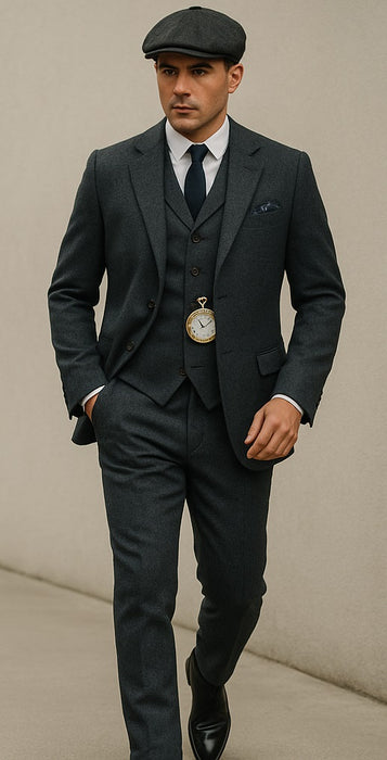 Men'S Gray Three Buttons Two Flap Front Pockets 3 Piece Peaky Blinders Suits - Peaky Blinders Outfit + Overcoat + Shirt And Hat + Boot (Like Pictured)