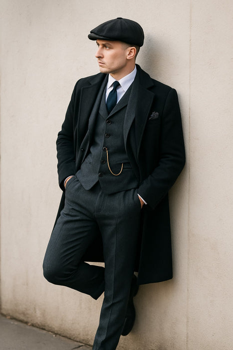 Men'S Gray Three Buttons Two Flap Front Pockets 3 Piece Peaky Blinders Suits - Peaky Blinders Outfit + Overcoat + Shirt And Hat + Boot (Like Pictured)