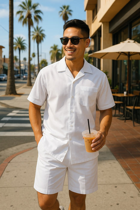 Men'S Shirt And Shorts White Color Two Piece Casual Casual Two Piece Walking Outfit For Sale Pant Sets Set Suit For Men - Mens Linen Suit