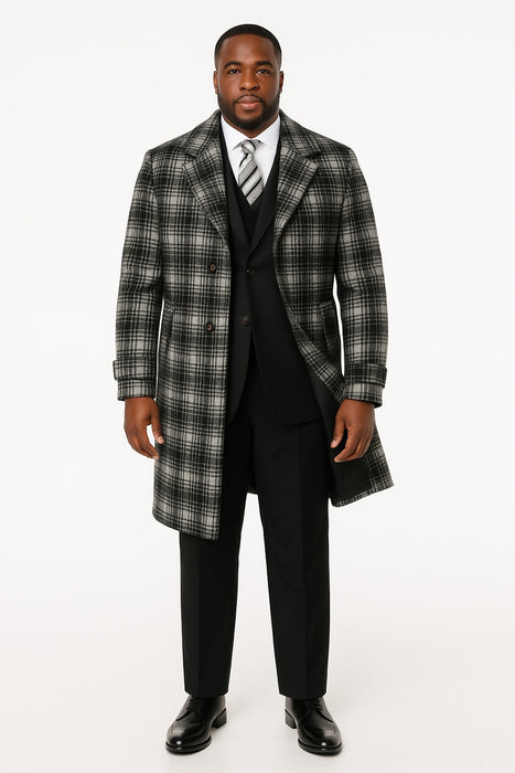 Men's Black and White Windowpane Plaid Overcoat – Classic Full Length Wool Blend Dress Coat