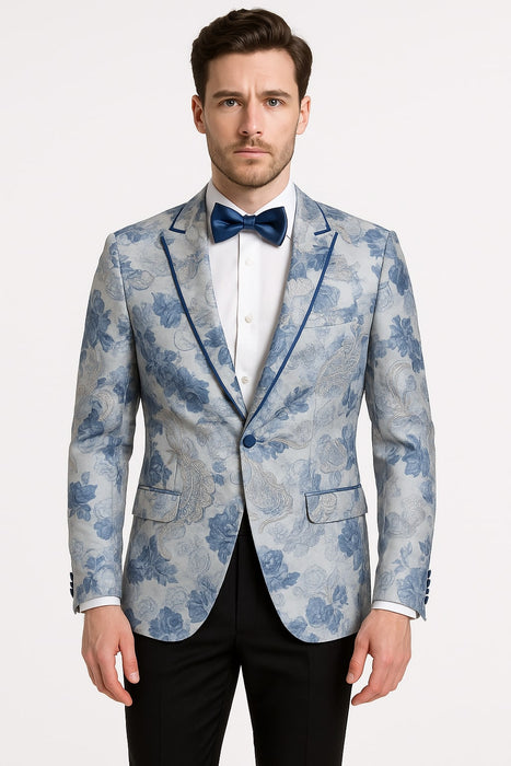 Men's Blue and Gray Tuxedo - Sky Blue Paisley Embroidered Dinner Jacket  Jacket with Satin Trim and Matching Bow Tie