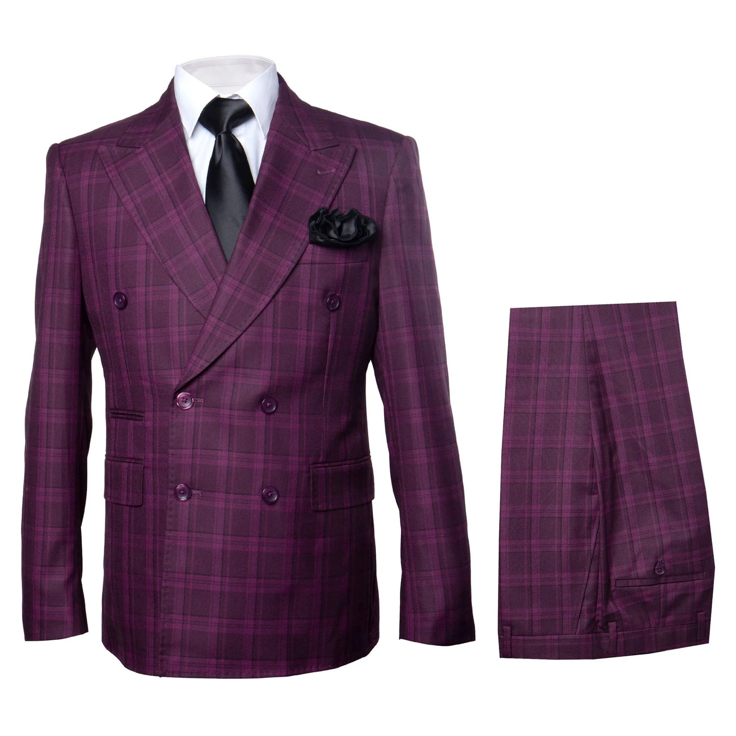 Men's Burgundy Plaid Double-Breasted Suit – Classic Windowpane Formal Two-Piece Suit By Rossiman - Image 5