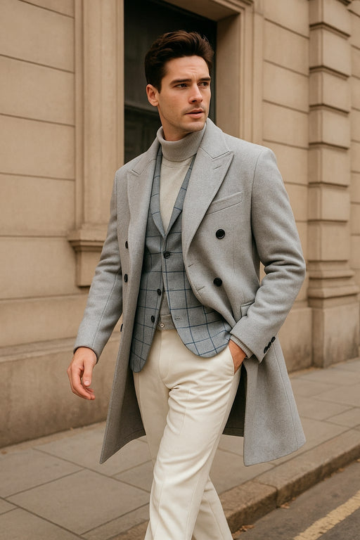 Men's Light Gray Double-Breasted Overcoat with Windowpane Vest – 3-Piece Wool Fabric By Alberto Nardoni