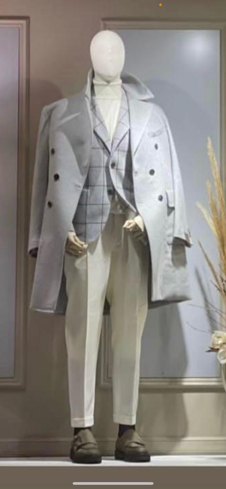 Men's Light Gray Double-Breasted Overcoat with Windowpane Vest – 3-Piece Wool Fabric By Alberto Nardoni - Image 3