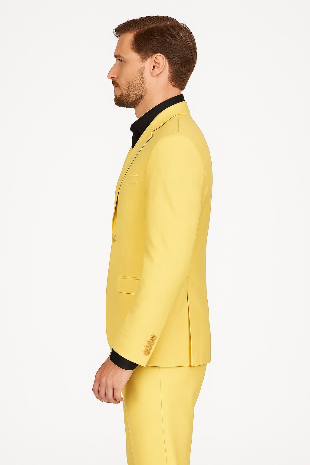 Men's Yellow 3-Piece Suit with Black Dress Shirt – Modern Slim Fit Formal Attire - Image 3