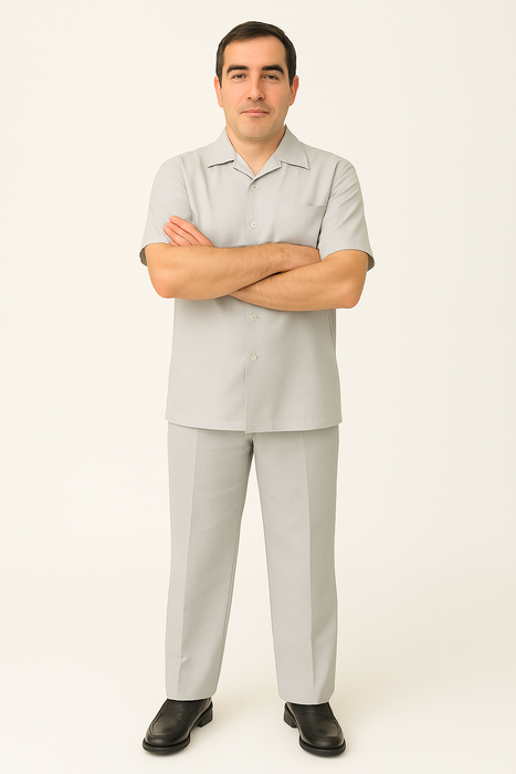 Men's 2 Piece Big Size Grey Linen Short Sleeve Casual Outfit Casual Two Piece Mens Walking Outfit For Sale Pant Sets Suit