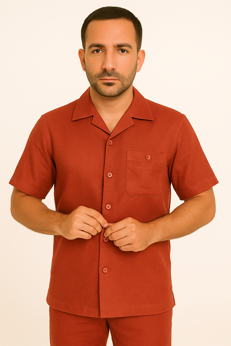 Men's 2 Piece Red Linen Short Sleeve Casual Two Piece Mens Walking Outfit For Sale Pant Sets Casual Big Size Suit