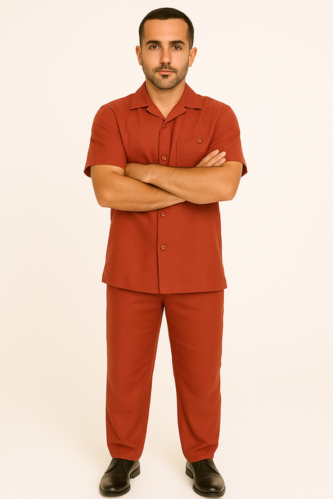 Men's 2 Piece Red Linen Short Sleeve Casual Two Piece Mens Walking Outfit For Sale Pant Sets Casual Big Size Suit