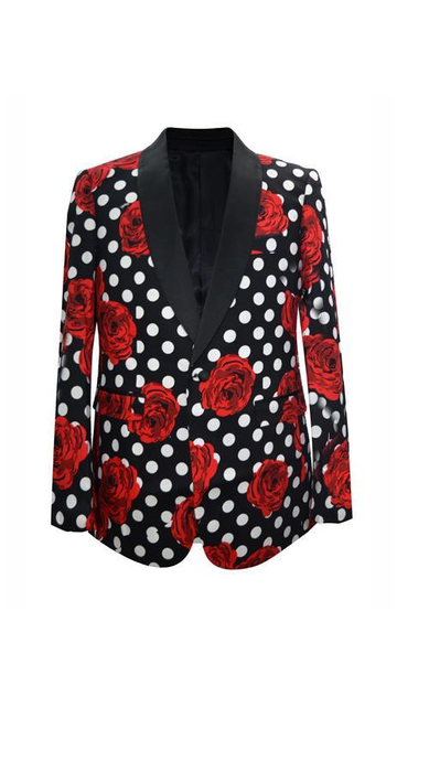 Men's Black Floral ~ Dot Pattern Shawl Lapel Blazer