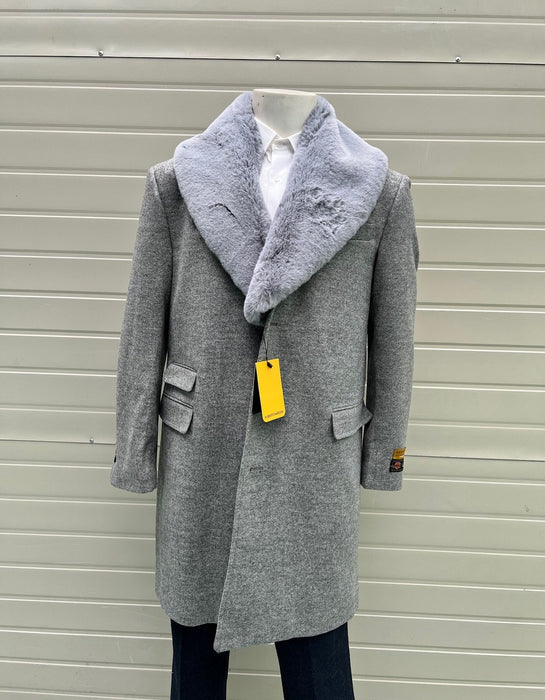 Men’s Grey Wool Overcoat with Plush Faux Fur Shawl Collar – Winter Luxury Coat