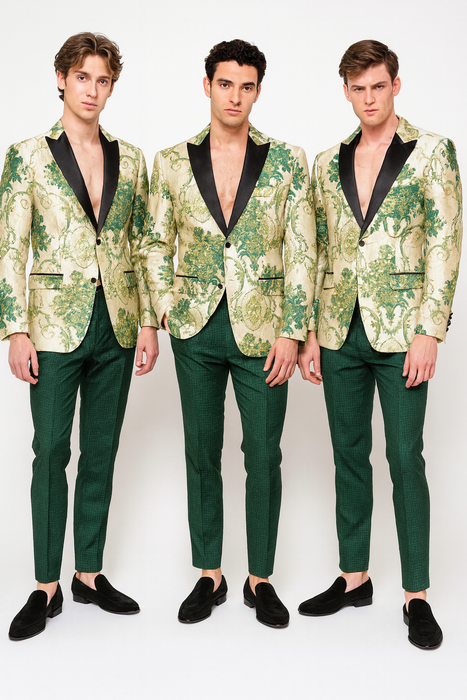Men’s Ivory and Green Suit Floral Embroidered Tuxedo Jacket with Black Satin Lapel – Designer Blazer for Weddings With Hutner Green Pants
