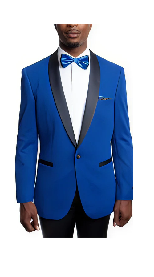 Men's Royal Blue Knitted Slim Fit Tuxedo Jacket with Black Shawl Lapel Button Closure Blazer