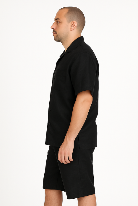 Men's Shirt And Shorts Black Two Piece Casual Set Walking Leisure Suit - Mens Linen Suit