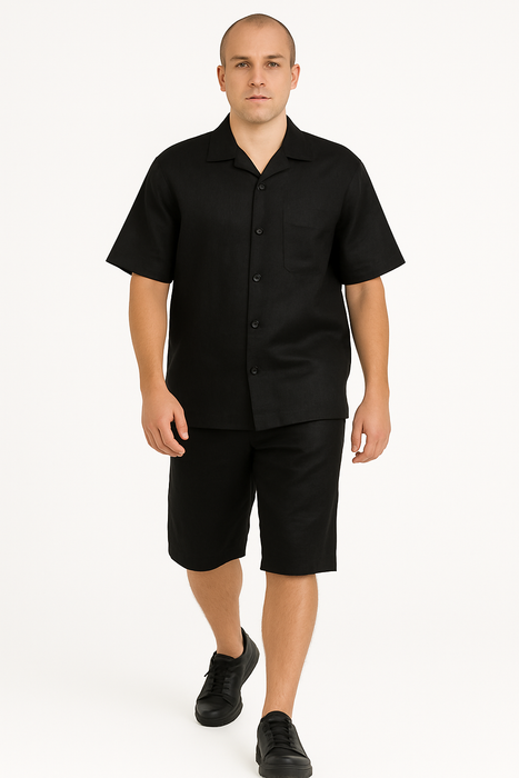 Men's Shirt And Shorts Black Two Piece Casual Set Walking Leisure Suit - Mens Linen Suit