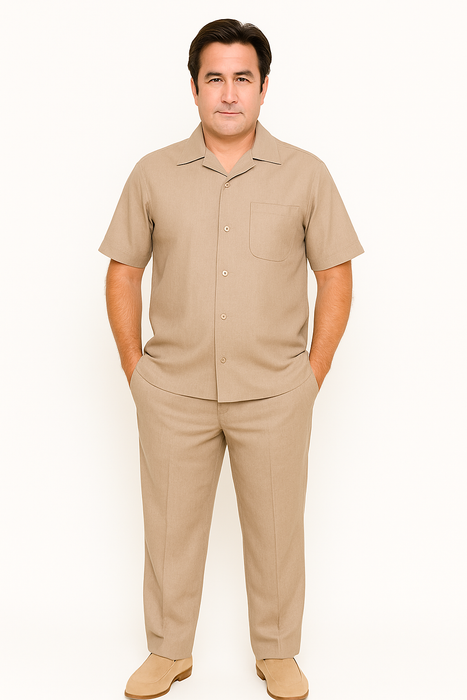 Men's Short Sleeve Khaki Plain Linen Casual Casual Two Piece Mens Walking Outfit For Sale Pant Sets Suit Pleated Pant - Mens Linen Suit