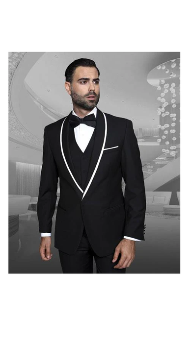 Men's Trimmed Shawl Lapel Blazer Dinner Jacket Black Vested Sport Coat