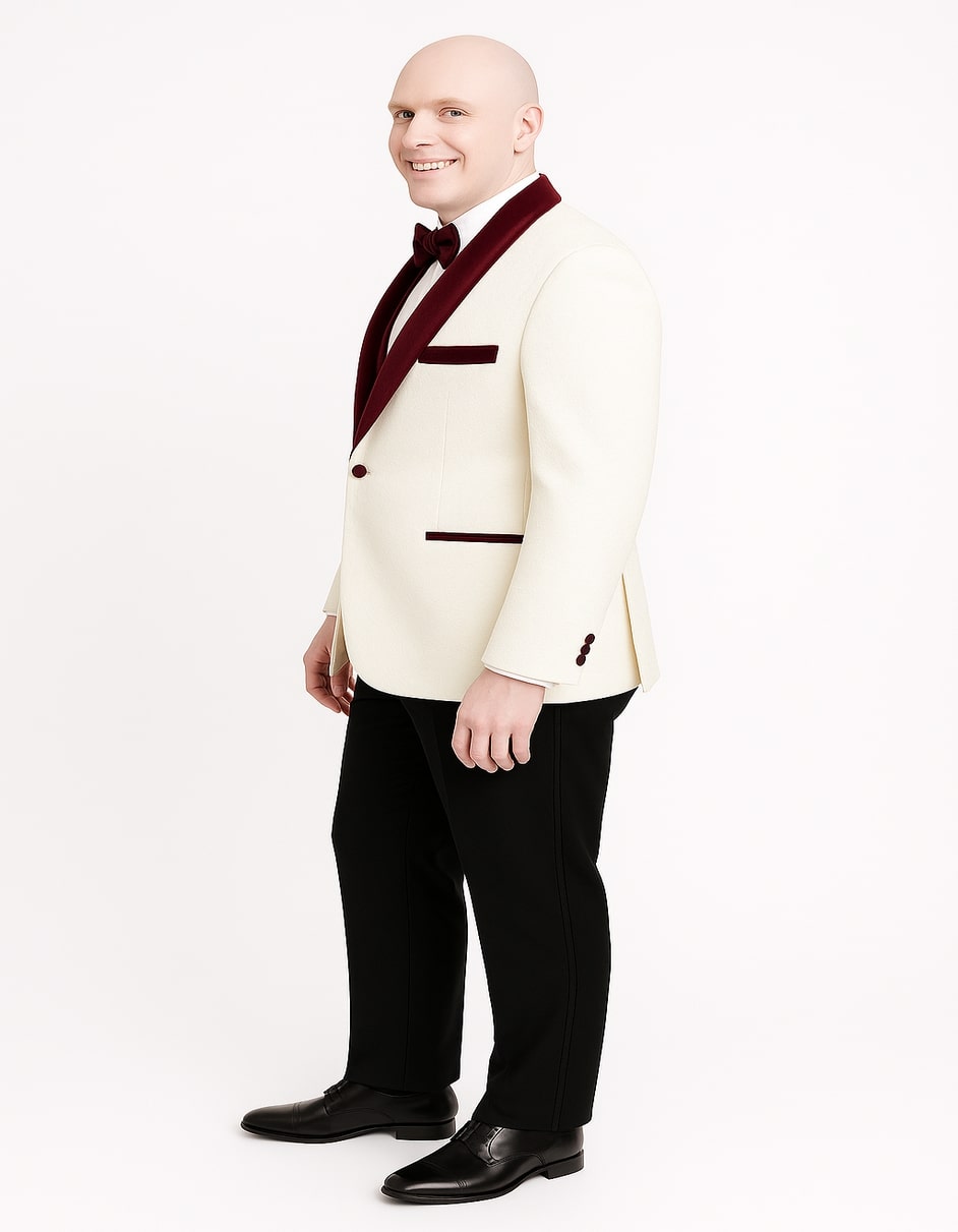 Men’s White Floral Tuxedo Jacket with Burgundy Velvet Shawl Lapel Ivory Suits – Wedding, Prom, and Formal Event Suit