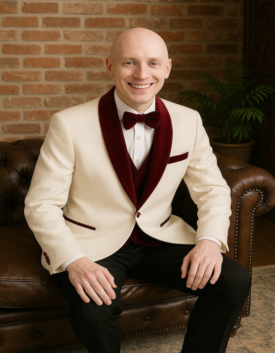 Men’s White Floral Tuxedo Jacket with Burgundy Velvet Shawl Lapel Ivory Suits – Wedding, Prom, and Formal Event Suit