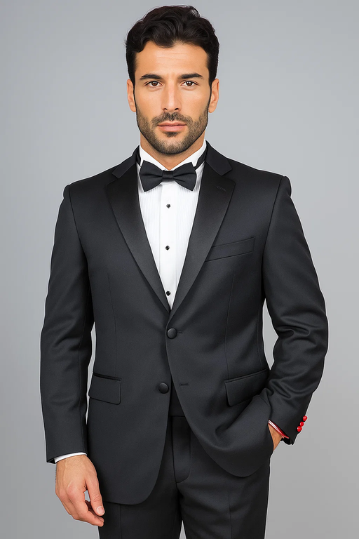 Mantoni Suit - Signature Menswear Wool Fabric SuitsOutlet - Brand Men's 2-button Black Tuxedo  - High End Suits - High Quality Suits
