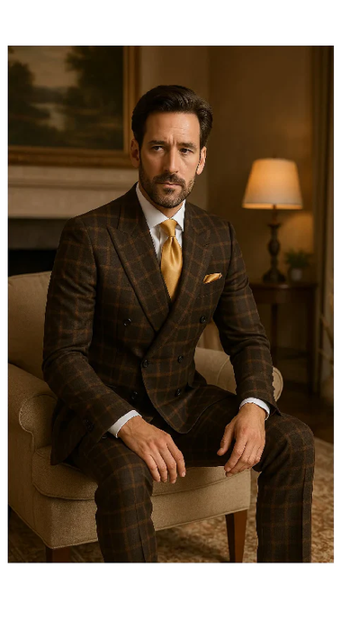 Men's Brown Plaid Double-Breasted Wool Suit – Classic Windowpane Two-Piece Formal Suit By Rossiman
