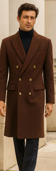 Men's Brown Wool Fabric Double breasted Overcoat  44 inch full length Topcoat
