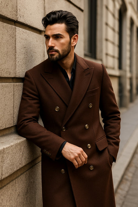 Men's Brown Wool Fabric Double breasted Overcoat  44 inch full length Topcoat