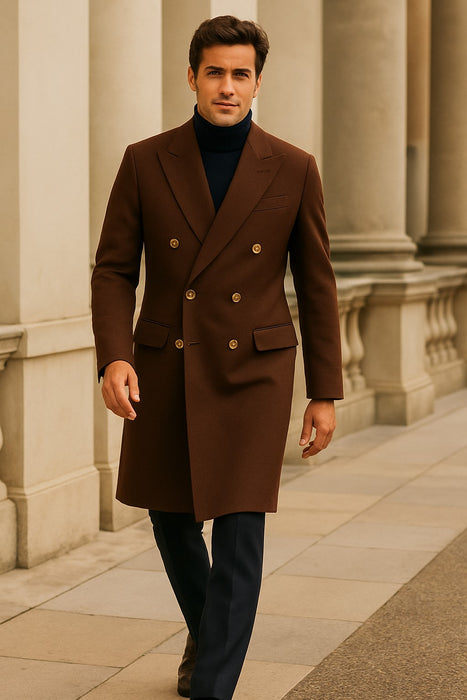 Men's Brown Wool Fabric Double breasted Overcoat  44 inch full length Topcoat