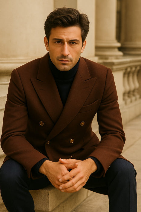 Men's Brown Wool Fabric Double breasted Overcoat  44 inch full length Topcoat