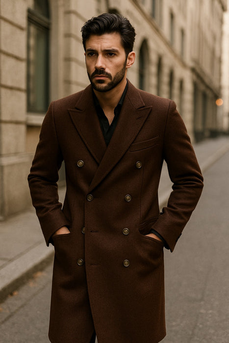 Men's Brown Wool Fabric Double breasted Overcoat  44 inch full length Topcoat