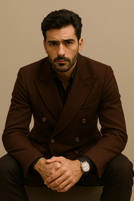 Men's Brown Wool Fabric Double breasted Overcoat  44 inch full length Topcoat