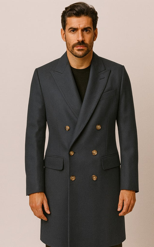 Men's Charcoal Grey - Dark Gray Fabric Double breasted Overcoat  44 inch full length Topcoat