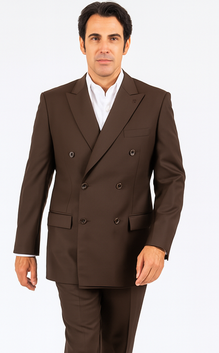 Men's Classic Fit Peak Lapel Double Breasted Brown 6 Button Suit