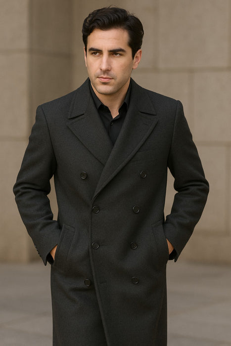 Men's Dress Coat Dress Coat Top Coat Buttons Closure Double Breasted Overcoat Charcoal Grey Full Length Maxi Coat