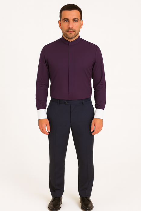 Men's Fashion Hidden Button French Cuff Mandarin Collarless Preacher Round Style Men's Dress Shirt