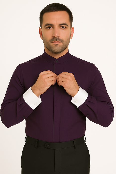 Men's Fashion Hidden Button French Cuff Mandarin Collarless Preacher Round Style Men's Dress Shirt