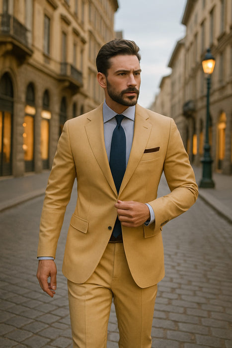Men's Sand Linen Tapered Cutting Two Button Suit - Mens Linen Suit