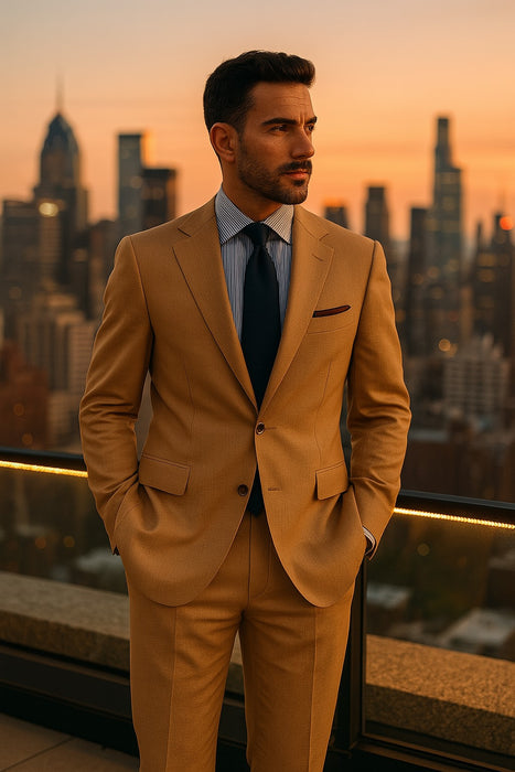 Men's Sand Linen Tapered Cutting Two Button Suit - Mens Linen Suit