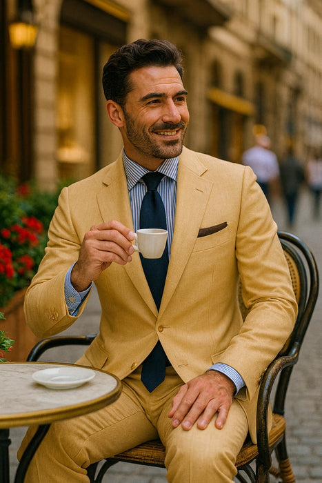 Men's Sand Linen Tapered Cutting Two Button Suit - Mens Linen Suit