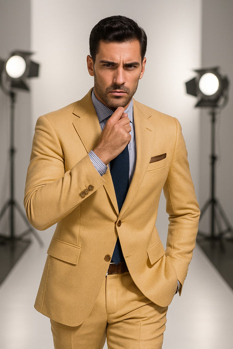 Men's Sand Linen Tapered Cutting Two Button Suit - Mens Linen Suit